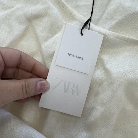 Zara Shirt Womens Large White 100% Linen Short Sleeve Boxy Pocket Crewneck Top - Picture 4 of 7